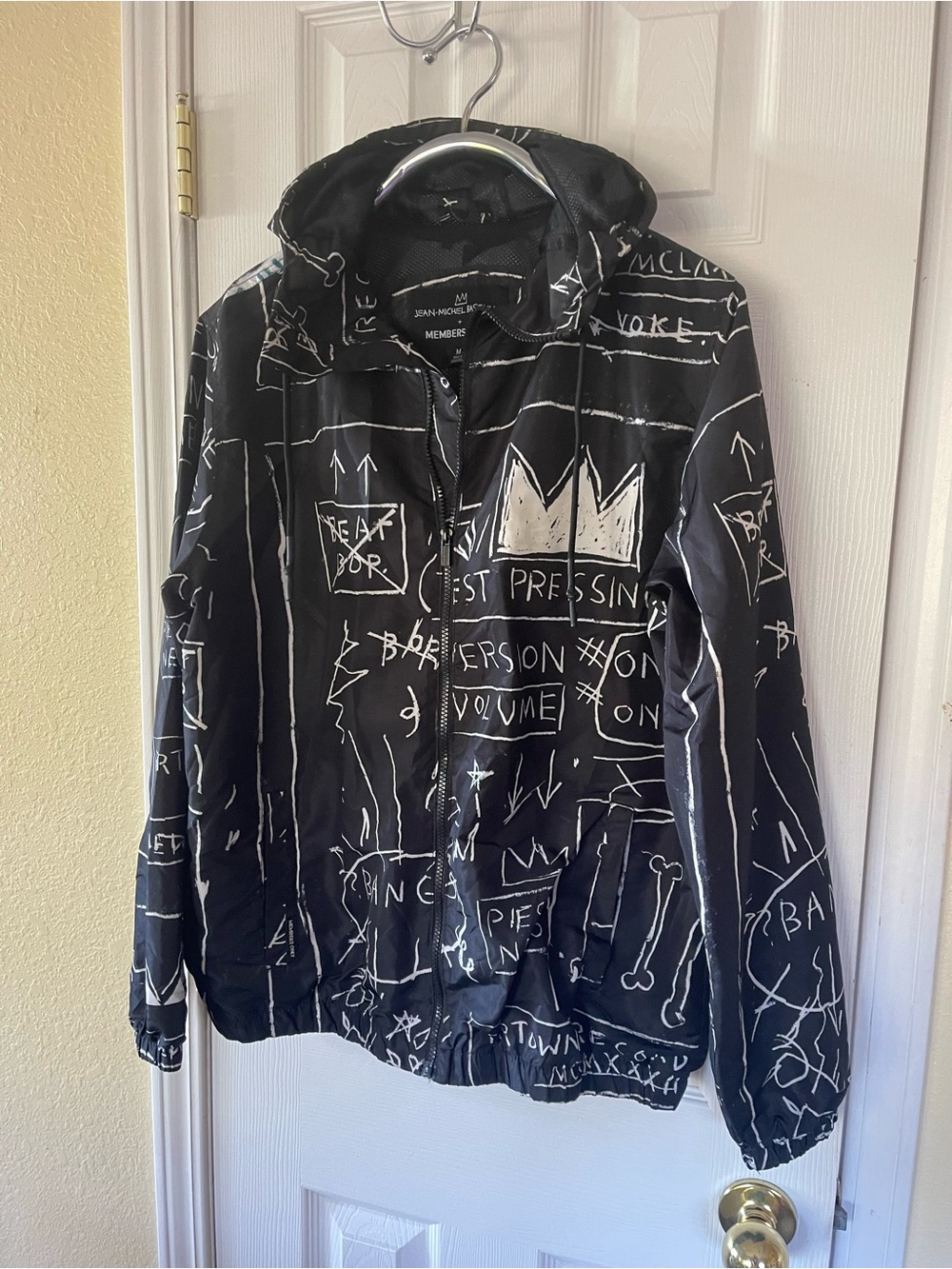 Members Only Black Hooded Windbreaker with White Graphic Sketch